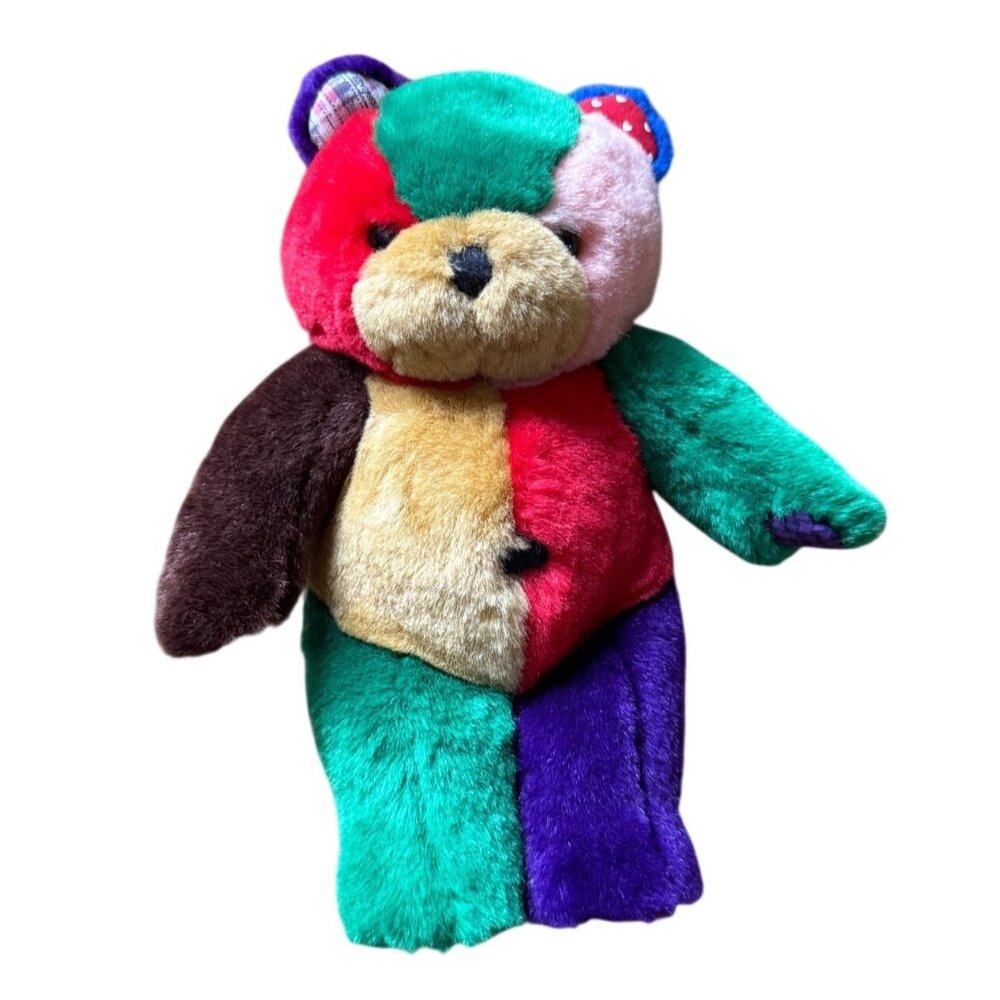 PEEF Christmas Teddy Bear Plush 1995 Squeaker Toy Holiday Colorblock 9" Hegg VTG